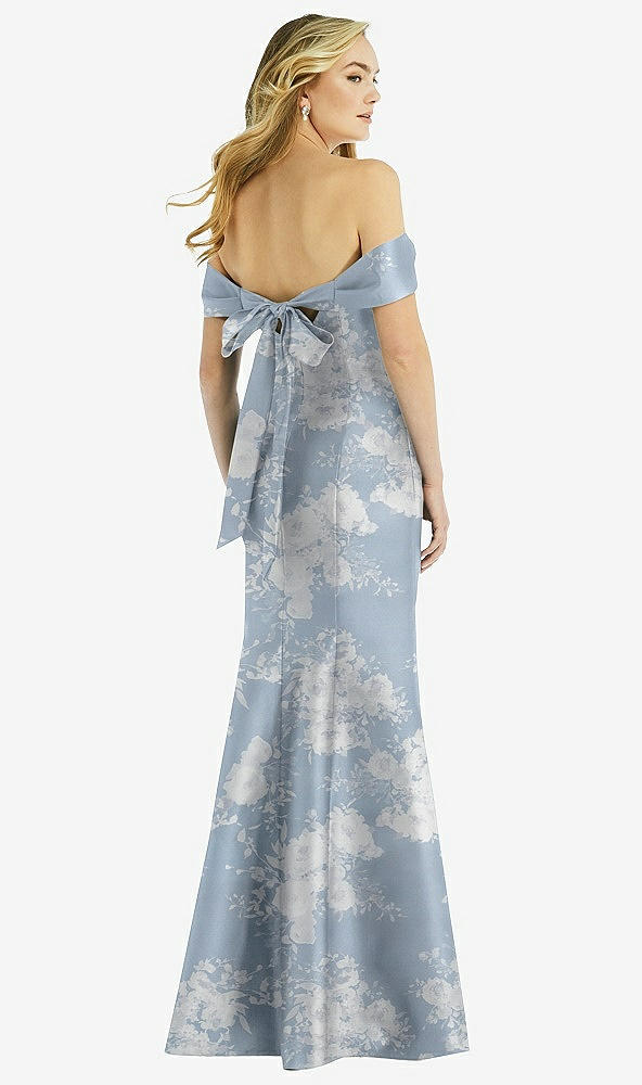 Back View - Porcelain Blue Seraphina Floral Off-the-Shoulder Bow-Back Floral Satin Trumpet Gown