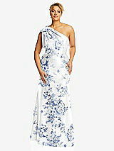 Front View Thumbnail - Cottage Rose Larkspur Bow One-Shoulder Floral Satin Trumpet Gown