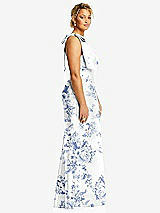 Side View Thumbnail - Cottage Rose Larkspur Bow One-Shoulder Floral Satin Trumpet Gown