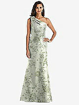 Alt View 1 Thumbnail - Sage Cottage Rose Bow One-Shoulder Floral Satin Trumpet Gown