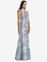 Alt View 2 Thumbnail - Porcelain Blue Seraphina Floral Bow One-Shoulder Floral Satin Trumpet Gown