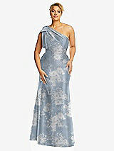 Front View Thumbnail - Porcelain Blue Seraphina Floral Bow One-Shoulder Floral Satin Trumpet Gown