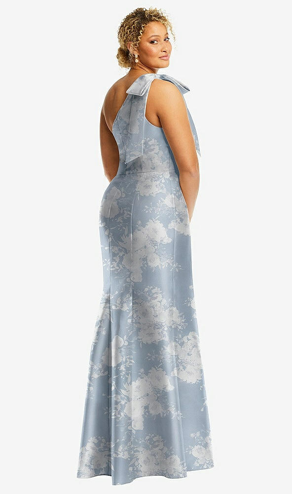 Back View - Porcelain Blue Seraphina Floral Bow One-Shoulder Floral Satin Trumpet Gown