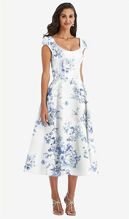 Puff Cap Sleeve Full Skirt Floral Satin Midi Bridesmaid Dress In Cottage Rose Larkspur The Dessy Group