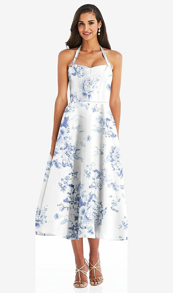 Front View - Cottage Rose Larkspur Tie-Neck Halter Full Skirt Floral Satin Midi Dress