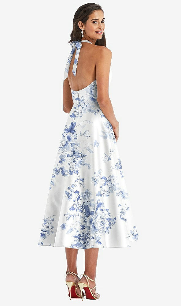 Back View - Cottage Rose Larkspur Tie-Neck Halter Full Skirt Floral Satin Midi Dress