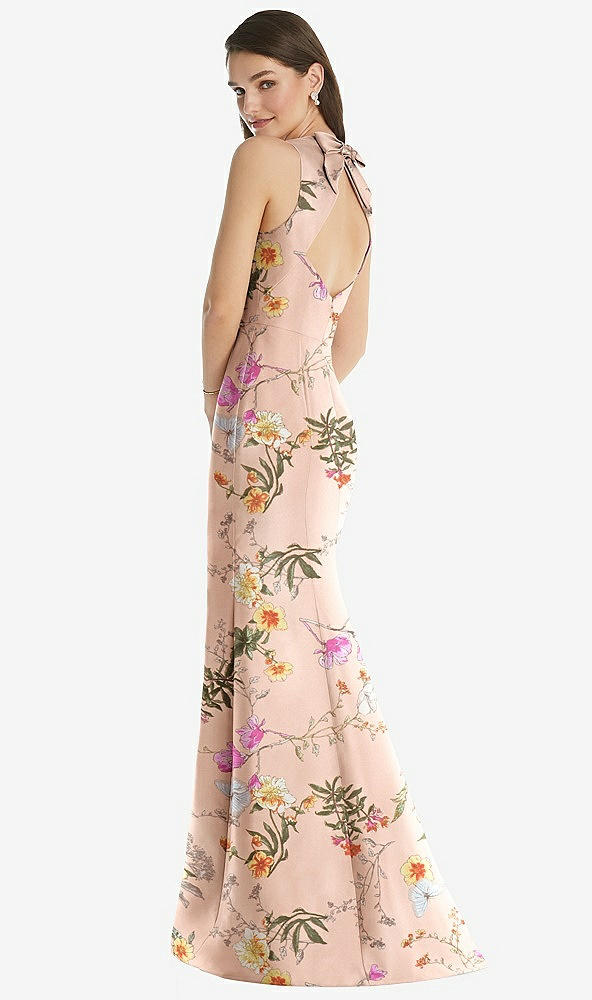 Back View - Butterfly Botanica Pink Sand Jewel Neck Bowed Open-Back Floral SatinTrumpet Dress