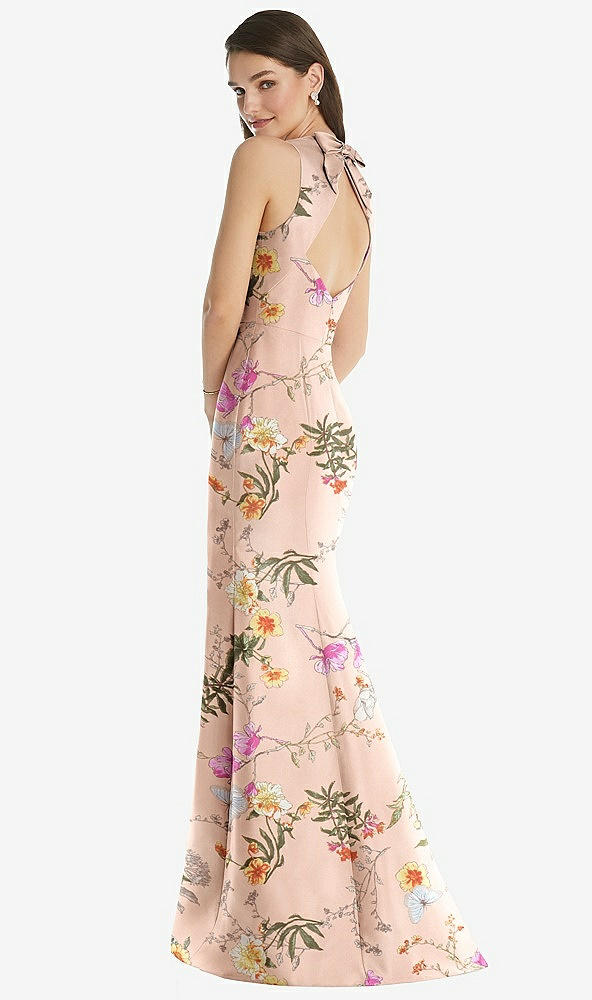 Back View - Butterfly Botanica Pink Sand Jewel Neck Bowed Open-Back Floral Trumpet Dress with Front Slit