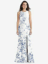 Front View Thumbnail - Cottage Rose Larkspur Jewel Neck Bowed Open-Back Floral Trumpet Dress with Front Slit