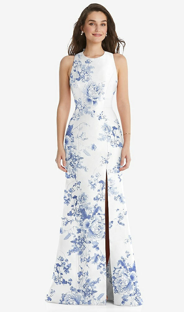 Front View - Cottage Rose Larkspur Jewel Neck Bowed Open-Back Floral Trumpet Dress with Front Slit