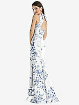 Rear View Thumbnail - Cottage Rose Larkspur Jewel Neck Bowed Open-Back Floral Trumpet Dress with Front Slit