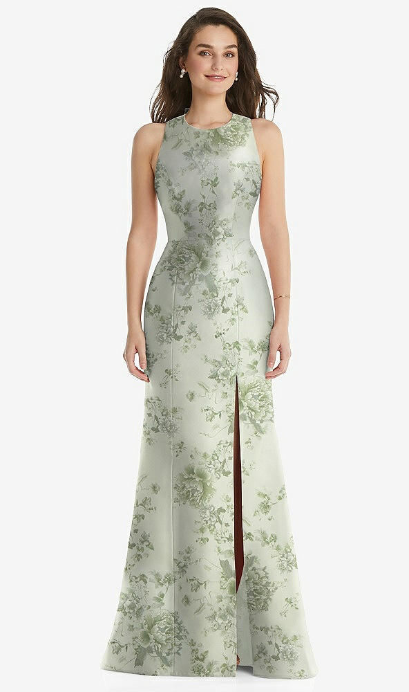 Front View - Sage Cottage Rose Jewel Neck Bowed Open-Back Floral Trumpet Dress with Front Slit