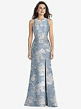 Front View Thumbnail - Porcelain Blue Seraphina Floral Jewel Neck Bowed Open-Back Floral Trumpet Dress with Front Slit