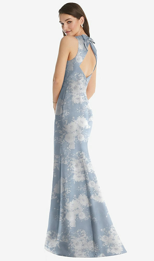 Back View - Porcelain Blue Seraphina Floral Jewel Neck Bowed Open-Back Floral Trumpet Dress with Front Slit