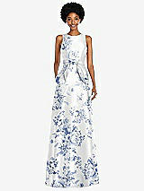 Front View Thumbnail - Cottage Rose Larkspur Jewel-Neck V-Back Floral Satin Maxi Dress with Mini Sash