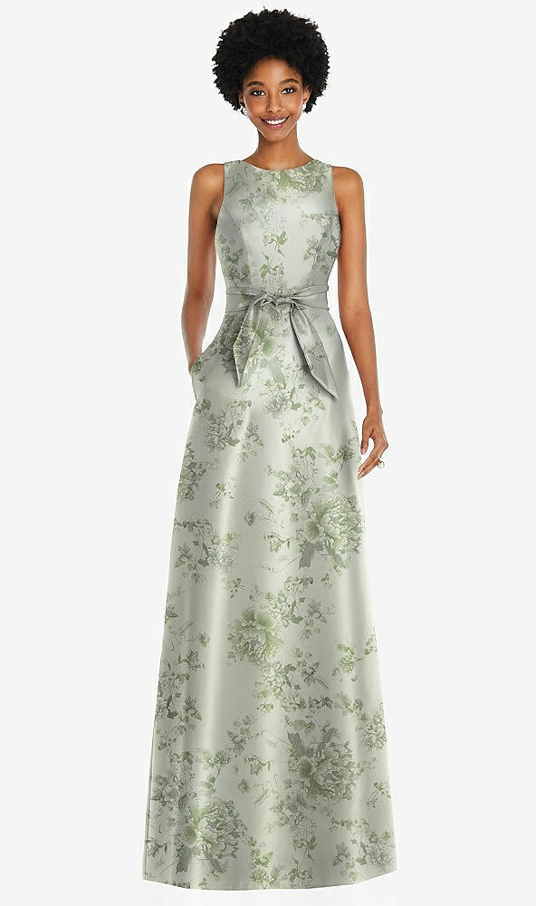 Front View - Sage Cottage Rose Jewel-Neck V-Back Floral Satin Maxi Dress with Mini Sash