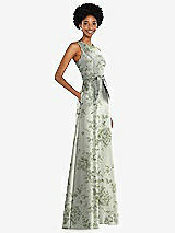 Side View Thumbnail - Sage Cottage Rose Jewel-Neck V-Back Floral Satin Maxi Dress with Mini Sash