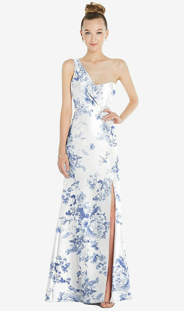 Front View - Cottage Rose Larkspur Draped One-Shoulder Floral Satin Trumpet Gown with Front Slit