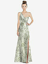 Front View Thumbnail - Sage Cottage Rose Draped One-Shoulder Floral Satin Trumpet Gown with Front Slit