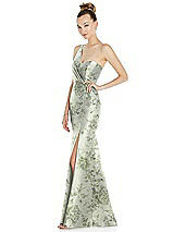 Side View Thumbnail - Sage Cottage Rose Draped One-Shoulder Floral Satin Trumpet Gown with Front Slit