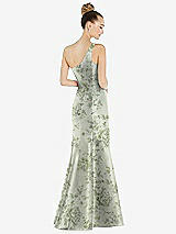 Rear View Thumbnail - Sage Cottage Rose Draped One-Shoulder Floral Satin Trumpet Gown with Front Slit