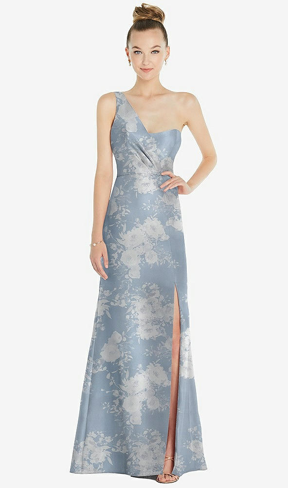 Front View - Porcelain Blue Seraphina Floral Draped One-Shoulder Floral Satin Trumpet Gown with Front Slit