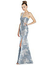 Side View Thumbnail - Porcelain Blue Seraphina Floral Draped One-Shoulder Floral Satin Trumpet Gown with Front Slit