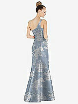 Rear View Thumbnail - Porcelain Blue Seraphina Floral Draped One-Shoulder Floral Satin Trumpet Gown with Front Slit