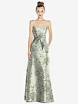 Front View Thumbnail - Sage Cottage Rose Basque-Neck Strapless Floral Satin Gown with Mini Sash