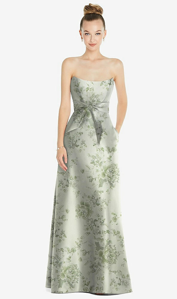 Front View - Sage Cottage Rose Basque-Neck Strapless Floral Satin Gown with Mini Sash