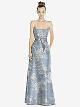 Front View Thumbnail - Porcelain Blue Seraphina Floral Basque-Neck Strapless Floral Satin Gown with Mini Sash