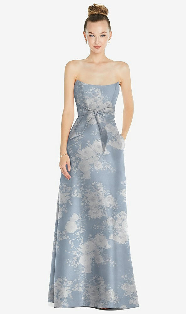 Front View - Porcelain Blue Seraphina Floral Basque-Neck Strapless Floral Satin Gown with Mini Sash