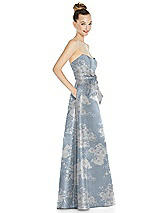 Side View Thumbnail - Porcelain Blue Seraphina Floral Basque-Neck Strapless Floral Satin Gown with Mini Sash