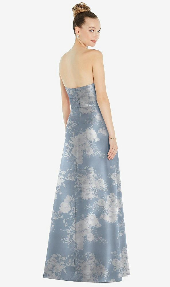 Back View - Porcelain Blue Seraphina Floral Basque-Neck Strapless Floral Satin Gown with Mini Sash