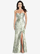 Front View Thumbnail - Sage Cottage Rose Bow Cuff Strapless Floral Princess Waist Trumpet Gown