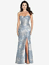 Front View Thumbnail - Porcelain Blue Seraphina Floral Bow Cuff Strapless Floral Princess Waist Trumpet Gown