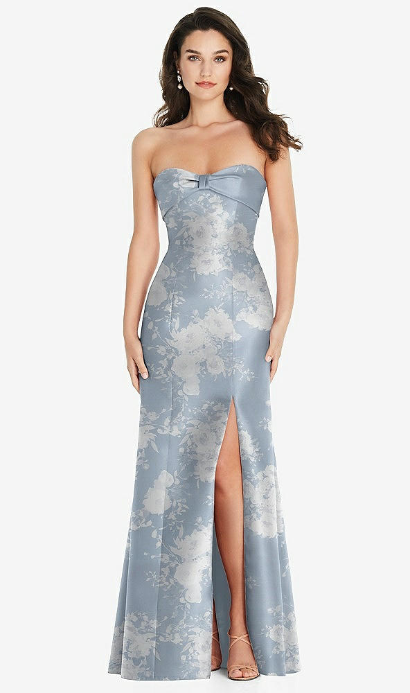 Front View - Porcelain Blue Seraphina Floral Bow Cuff Strapless Floral Princess Waist Trumpet Gown