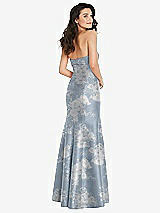 Rear View Thumbnail - Porcelain Blue Seraphina Floral Bow Cuff Strapless Floral Princess Waist Trumpet Gown