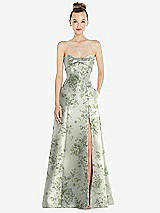 Front View Thumbnail - Sage Cottage Rose Bow Cuff Strapless Floral Satin Ball Gown with Pockets