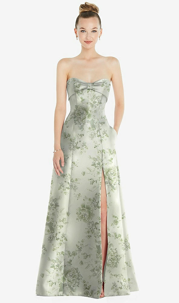 Front View - Sage Cottage Rose Bow Cuff Strapless Floral Satin Ball Gown with Pockets