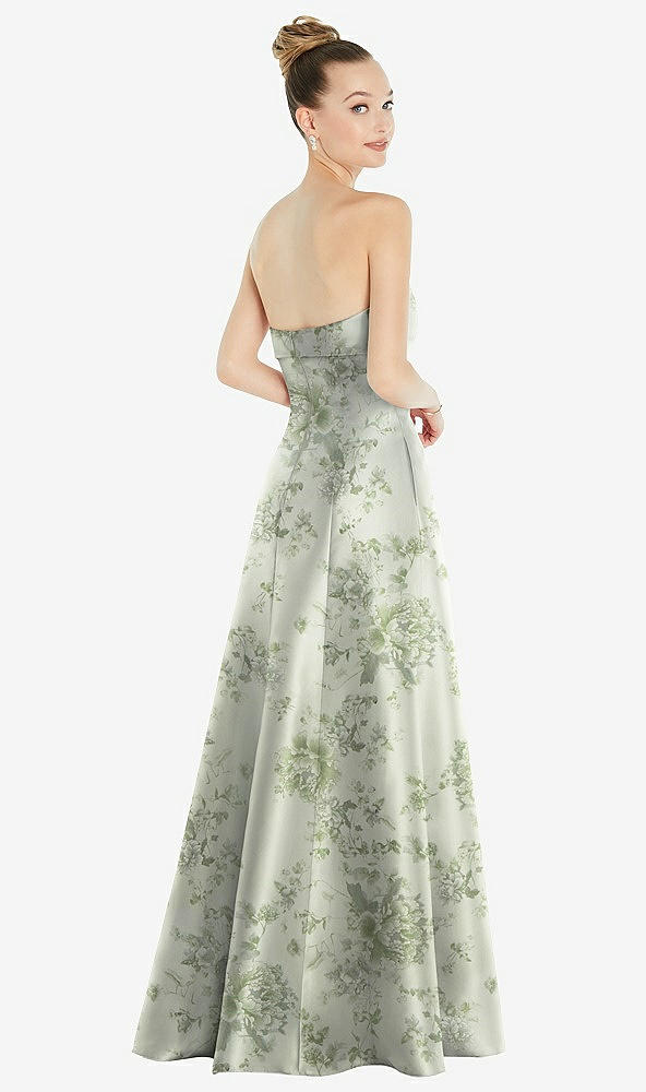 Back View - Sage Cottage Rose Bow Cuff Strapless Floral Satin Ball Gown with Pockets