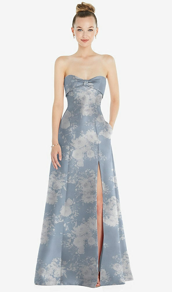 Front View - Porcelain Blue Seraphina Floral Bow Cuff Strapless Floral Satin Ball Gown with Pockets