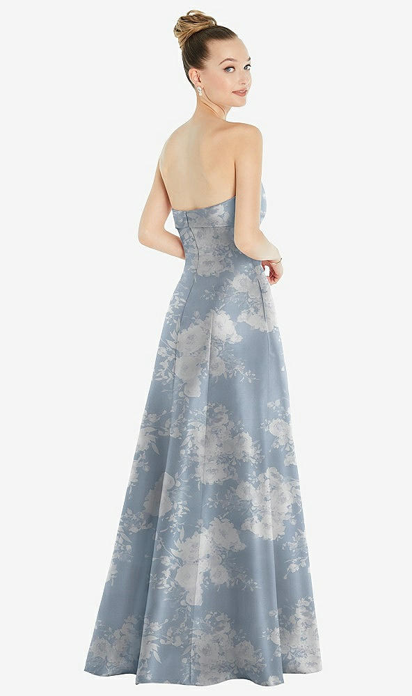 Back View - Porcelain Blue Seraphina Floral Bow Cuff Strapless Floral Satin Ball Gown with Pockets