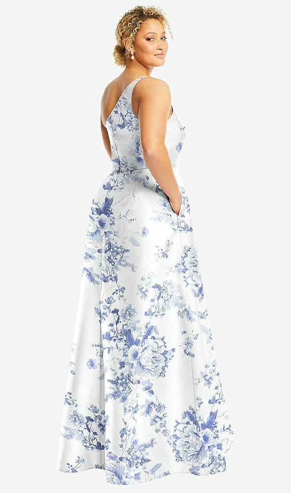 Back View - Cottage Rose Larkspur One-Shoulder Floral Satin Gown with Draped Front Slit