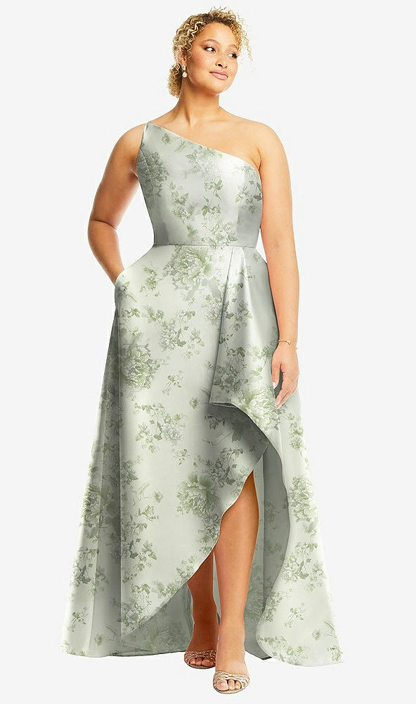 Front View - Sage Cottage Rose One-Shoulder Floral Satin Gown with Draped Front Slit