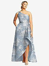 Front View Thumbnail - Porcelain Blue Seraphina Floral One-Shoulder Floral Satin Gown with Draped Front Slit