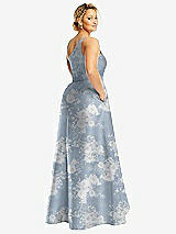 Rear View Thumbnail - Porcelain Blue Seraphina Floral One-Shoulder Floral Satin Gown with Draped Front Slit