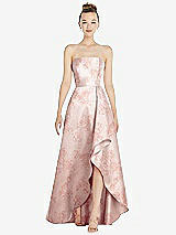 Front View Thumbnail - Bow And Blossom Print Strapless Floral Satin Gown with Draped Front Slit and Pockets