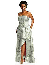 Alt View 2 Thumbnail - Sage Cottage Rose Strapless Floral Satin Gown with Draped Front Slit and Pockets