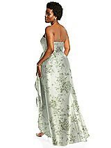 Alt View 3 Thumbnail - Sage Cottage Rose Strapless Floral Satin Gown with Draped Front Slit and Pockets